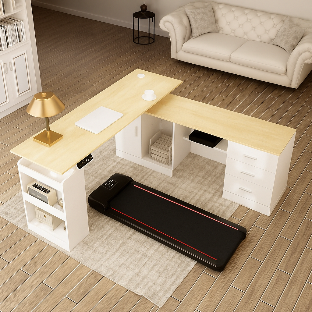 Modern L-shaped desk with a treadmill in a home office setting.