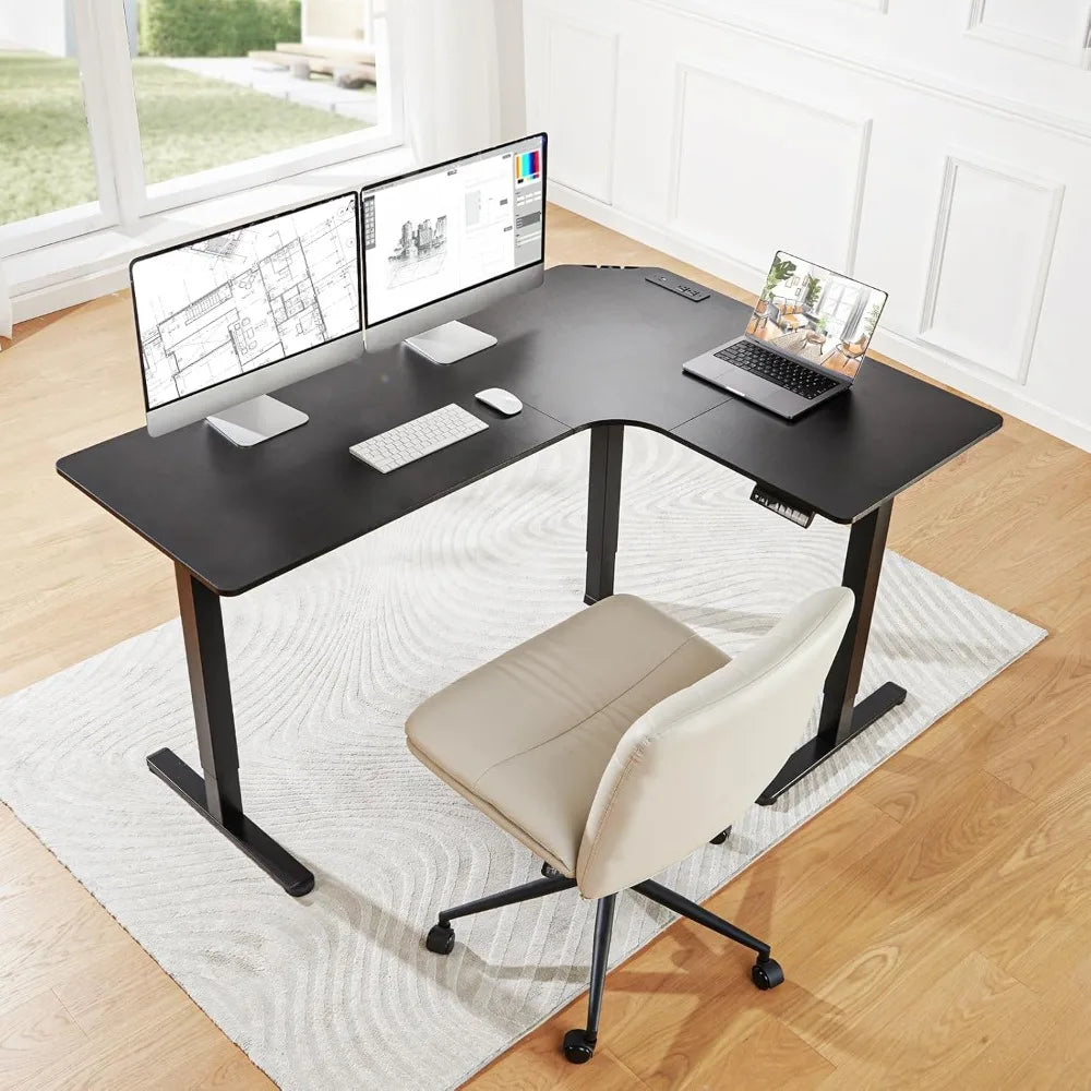 Black L-shaped adjustable desk with under desk treadmill