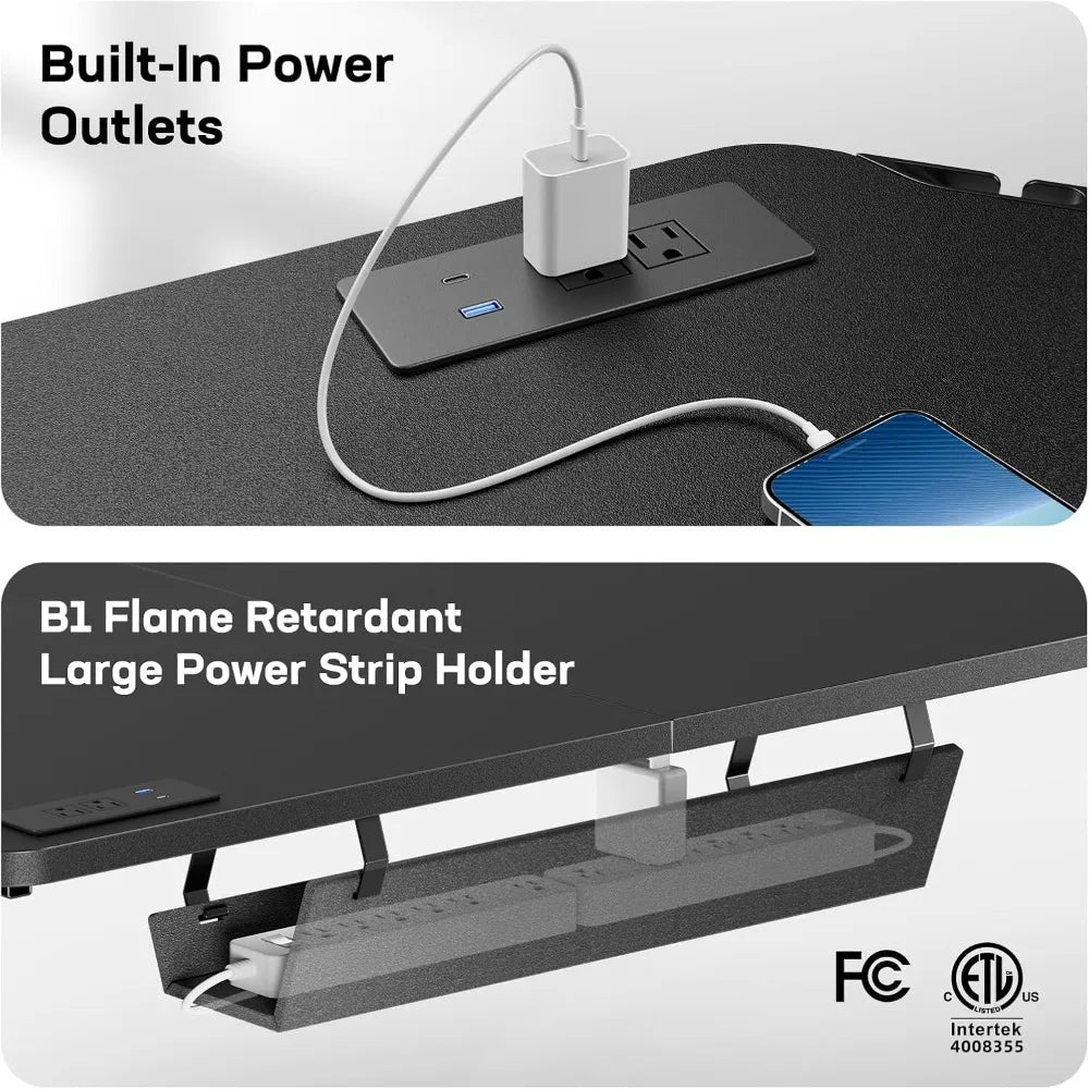 Black power strip holder with built-in power outlets and flame retardant label on a white background