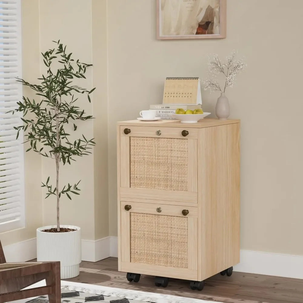 Rustic Rattan Filing Cabinet – Compact 2-Tier Floor Storage