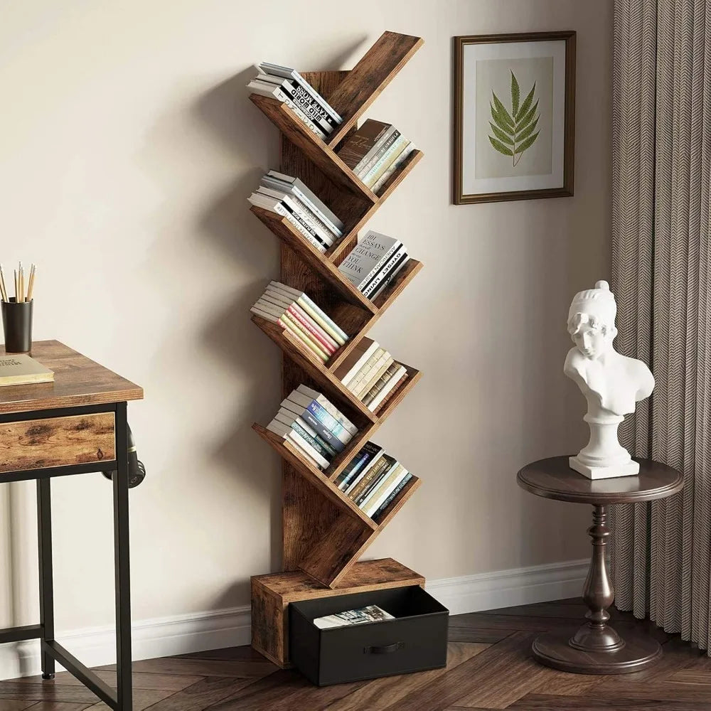 Rustic 9-Tier Tree Bookshelf Floor Cabinet with Drawer