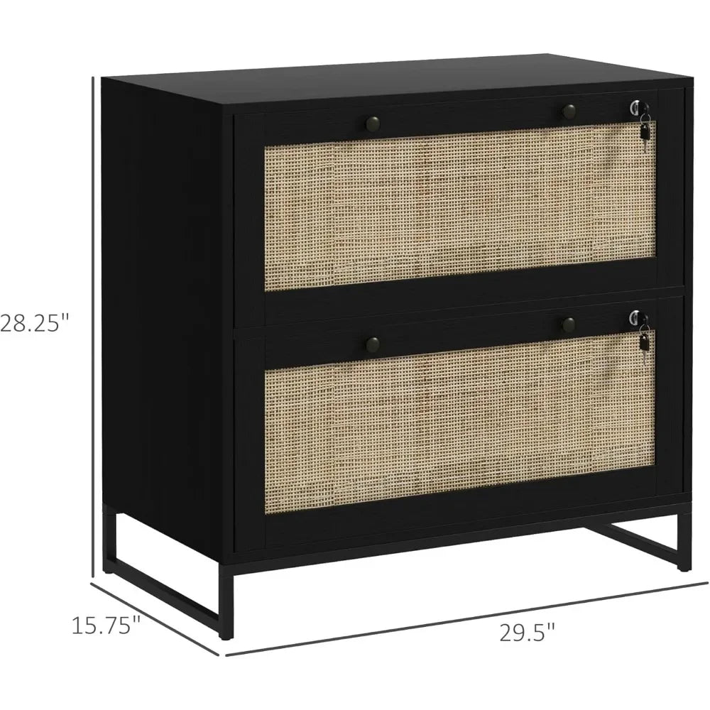 Boho Rattan Filing Cabinet – 2 Lockable Drawers with File Dividers
