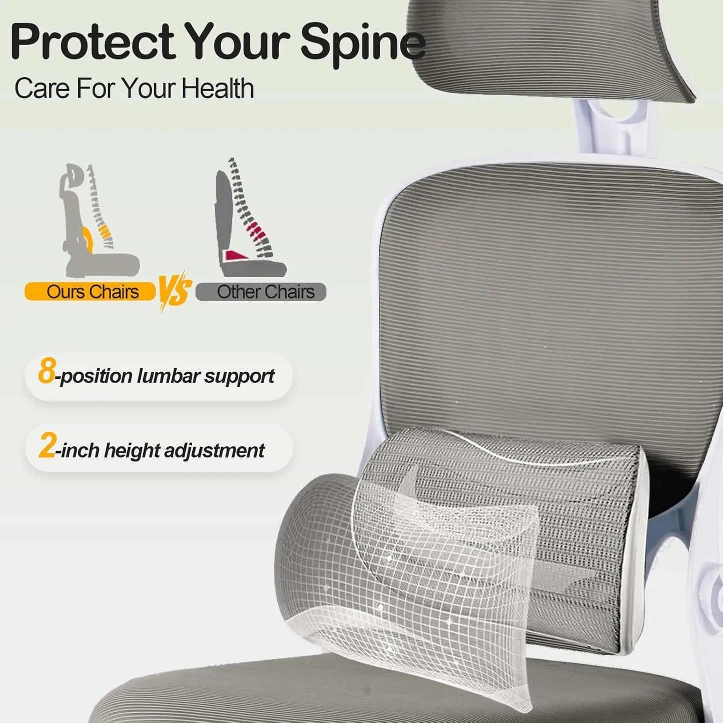 Ergonomic Mesh Office Chair with Auto Lumbar Support & Adjustable Headrest – Light Gray