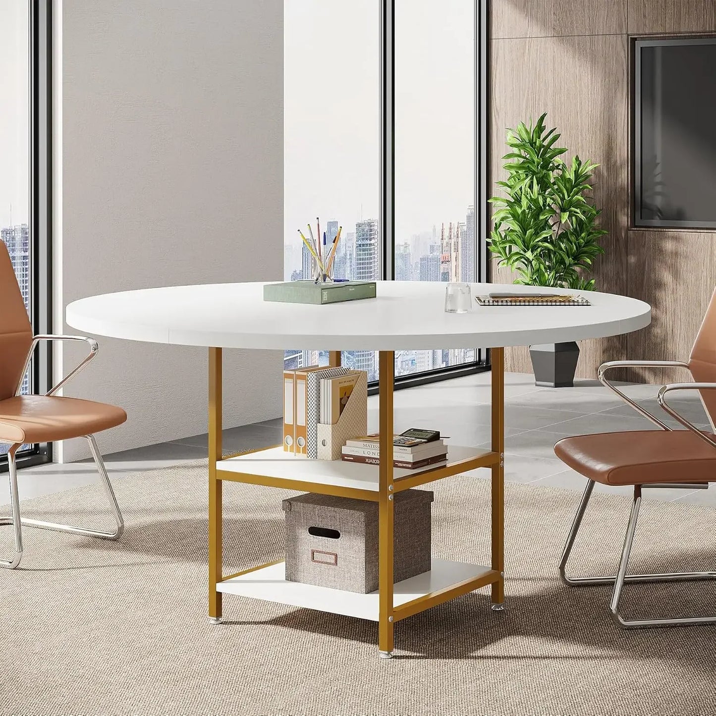 Focus & Furnished 47" Round Conference Table – Modern Meeting Table with Storage Shelf for 4–6 People, Office Collaboration Desk