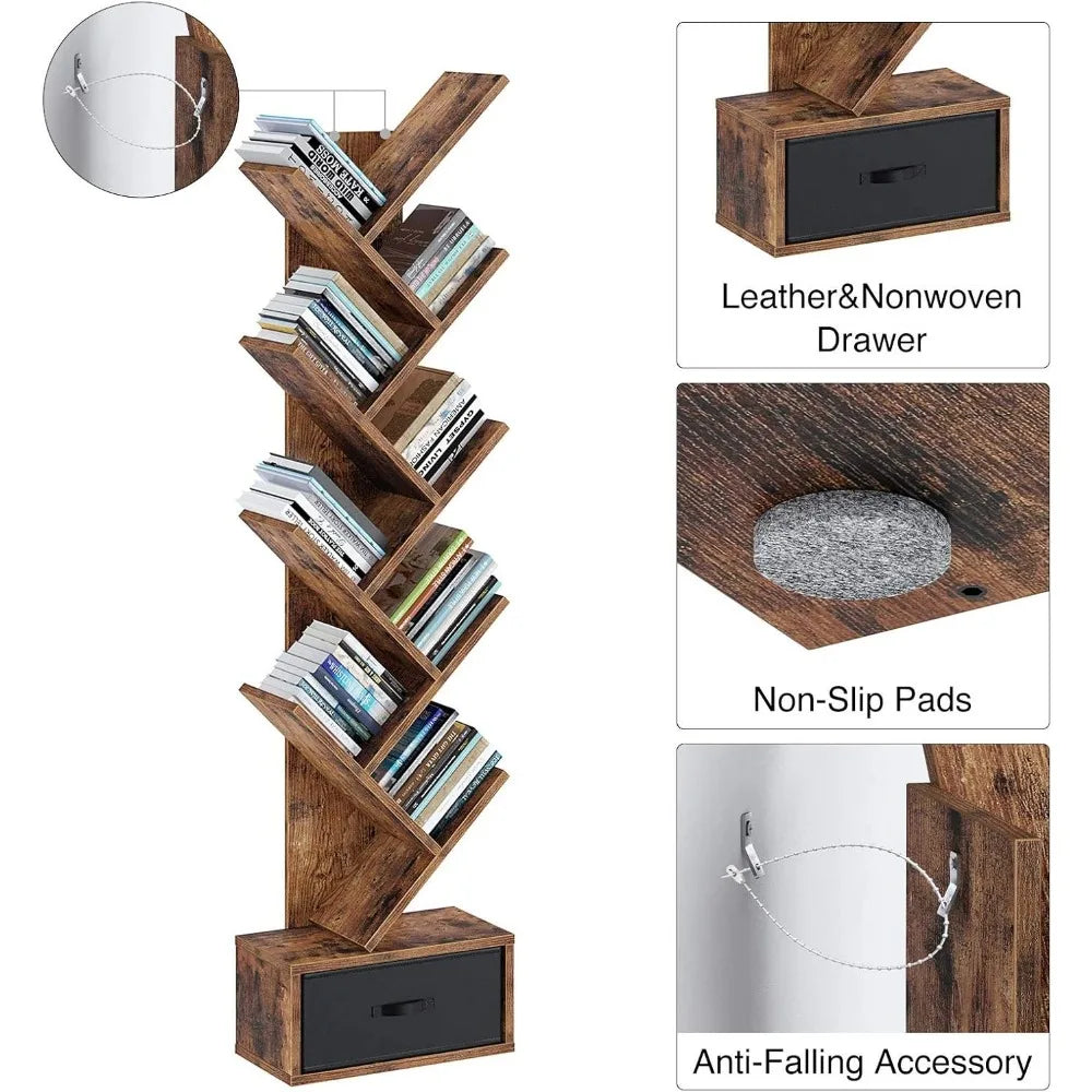 Rustic 9-Tier Tree Bookshelf Floor Cabinet with Drawer