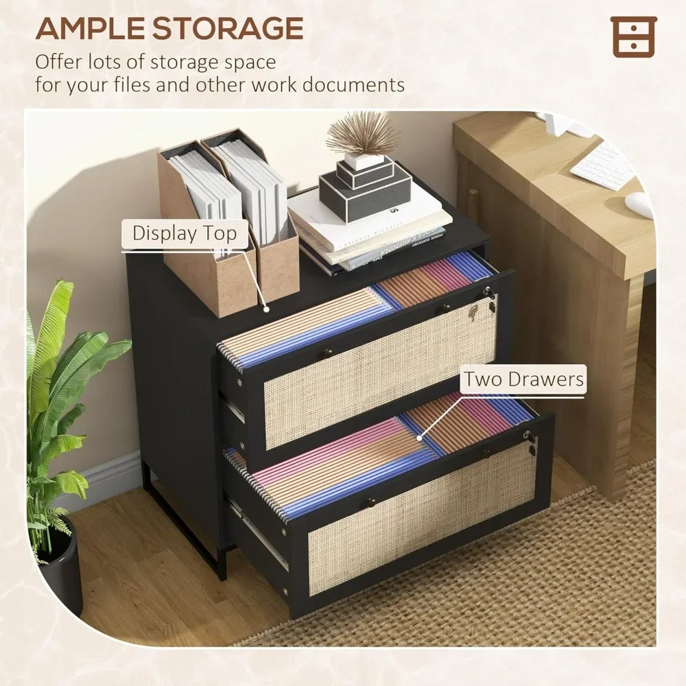 Boho Rattan Filing Cabinet – 2 Lockable Drawers with File Dividers