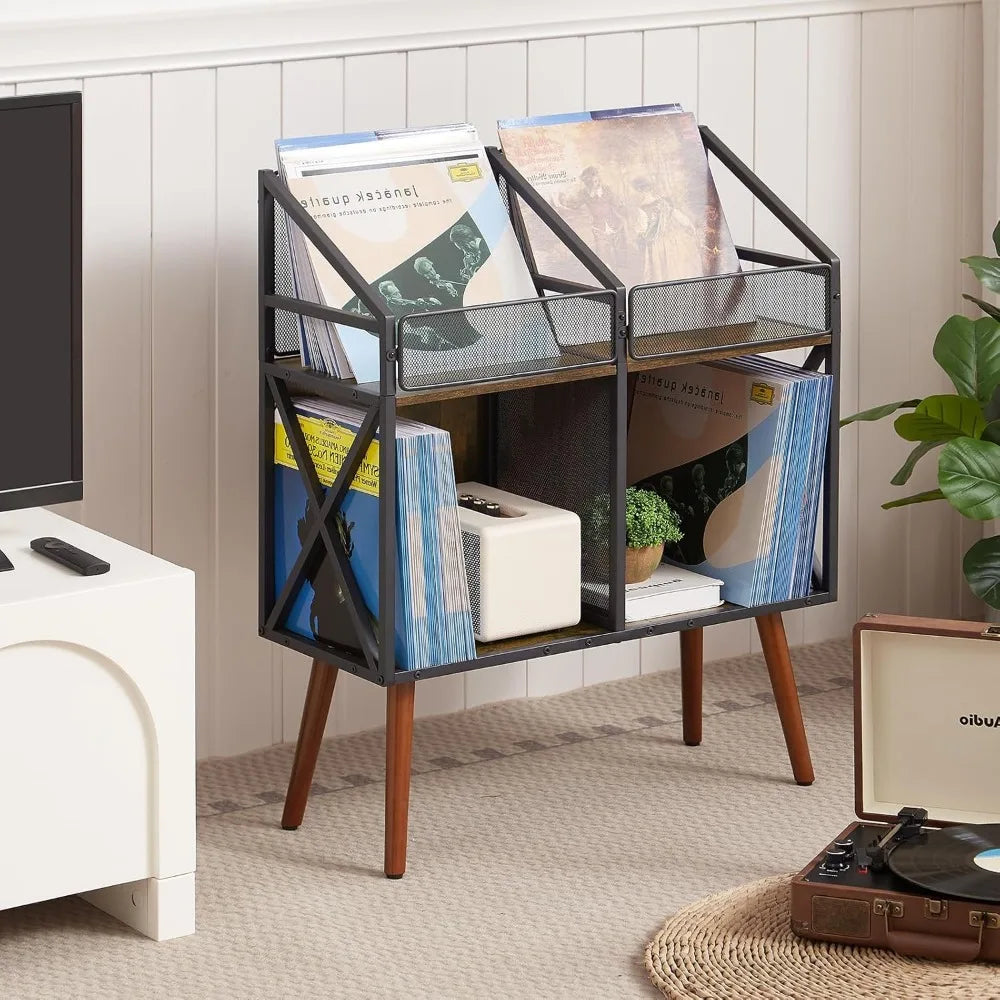 2-Tier Vinyl Record Storage Cabinet – Retro Black Metal Wood Stand