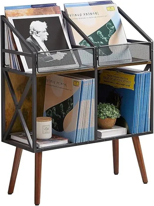 2-Tier Vinyl Record Storage Cabinet – Retro Black Metal Wood Stand