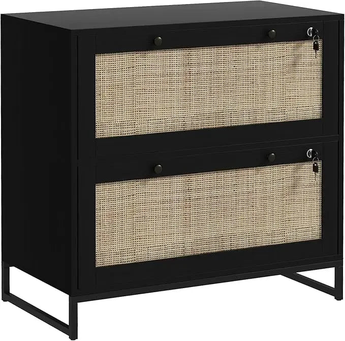 Boho Rattan Filing Cabinet – 2 Lockable Drawers with File Dividers