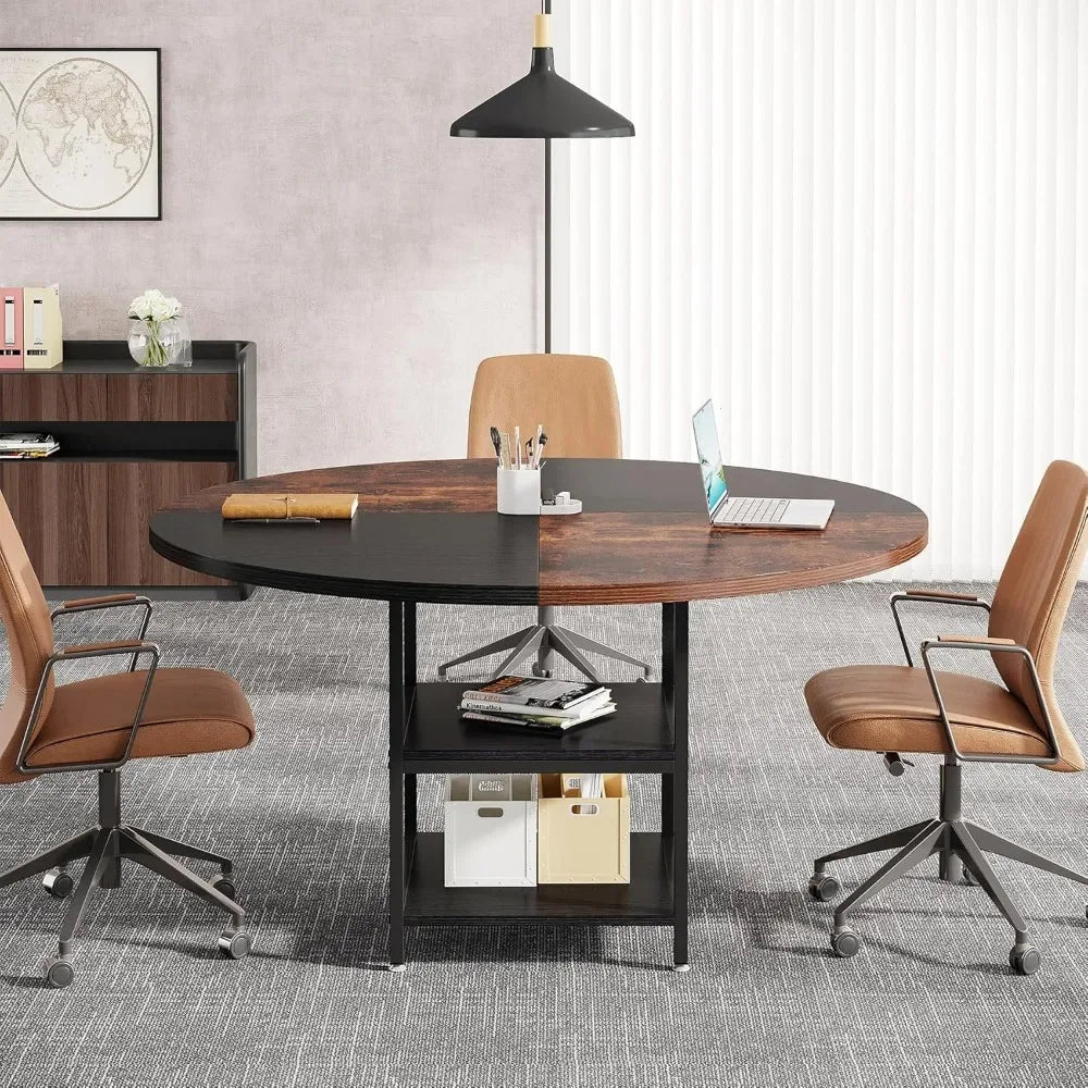 Focus & Furnished 47" Round Conference Table – Modern Meeting Table with Storage Shelf for 4–6 People, Office Collaboration Desk