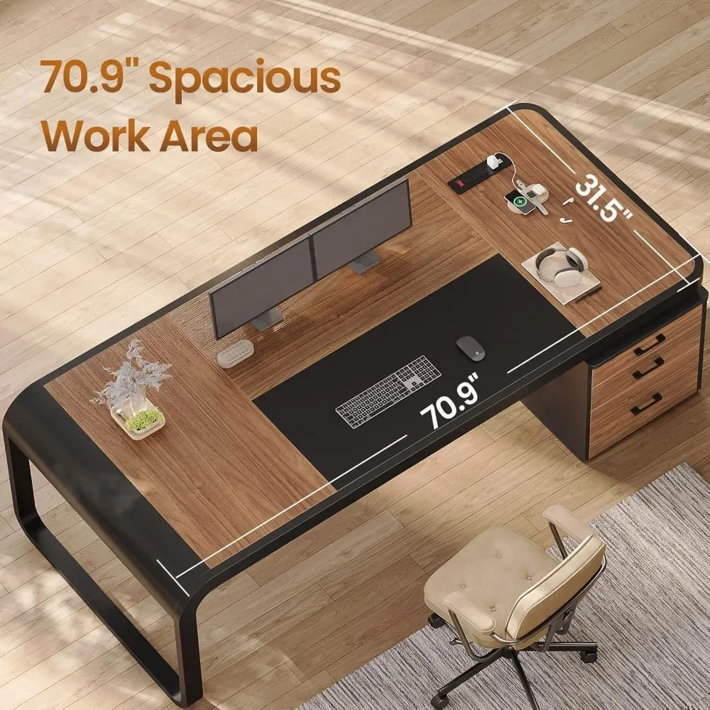 Modern Executive Office Desk – 70.9” Computer Desk with Storage Cabinet & Built-In Charging Station