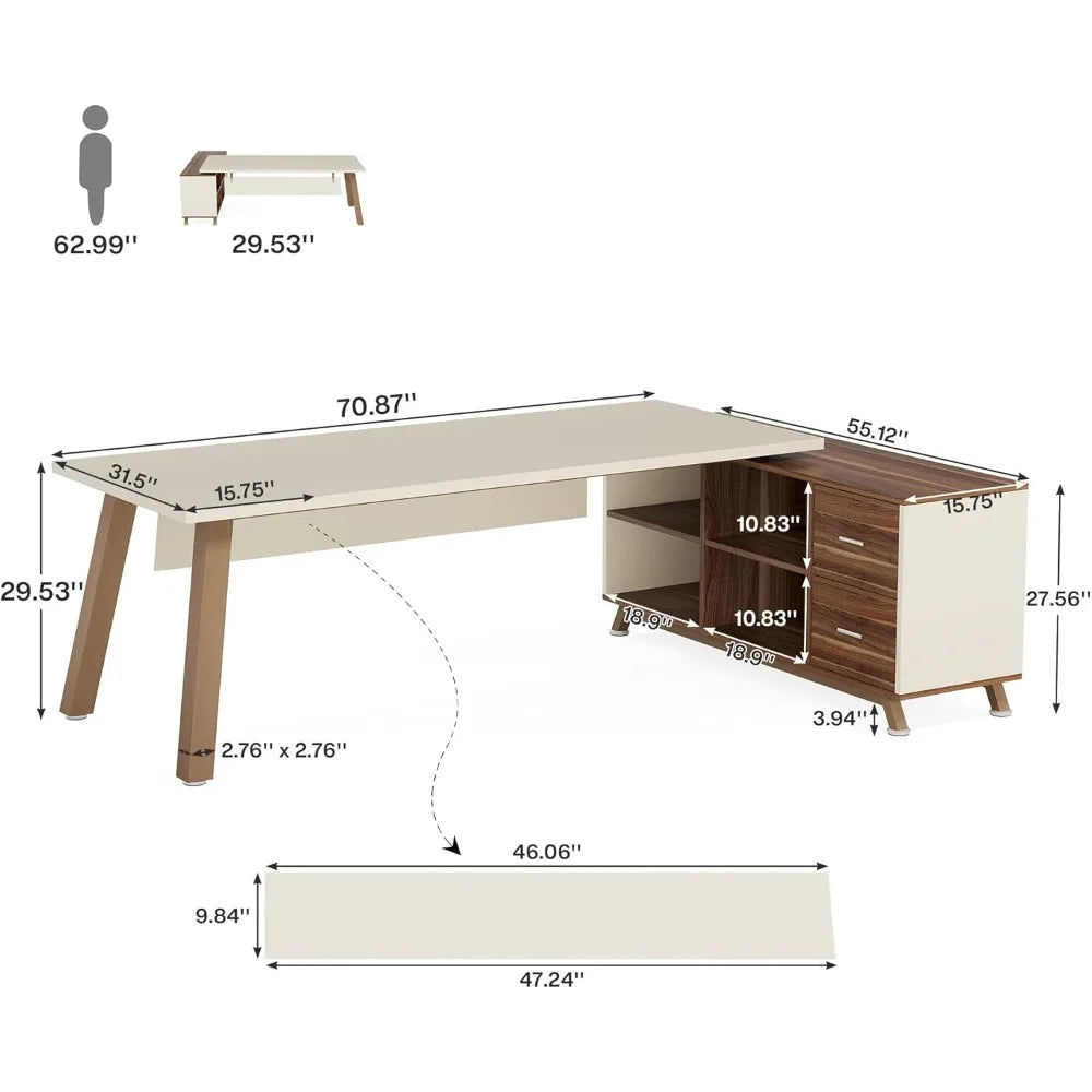 Modern L-Shaped Executive Desk 71" x 55" with File Cabinet and Open Shelving