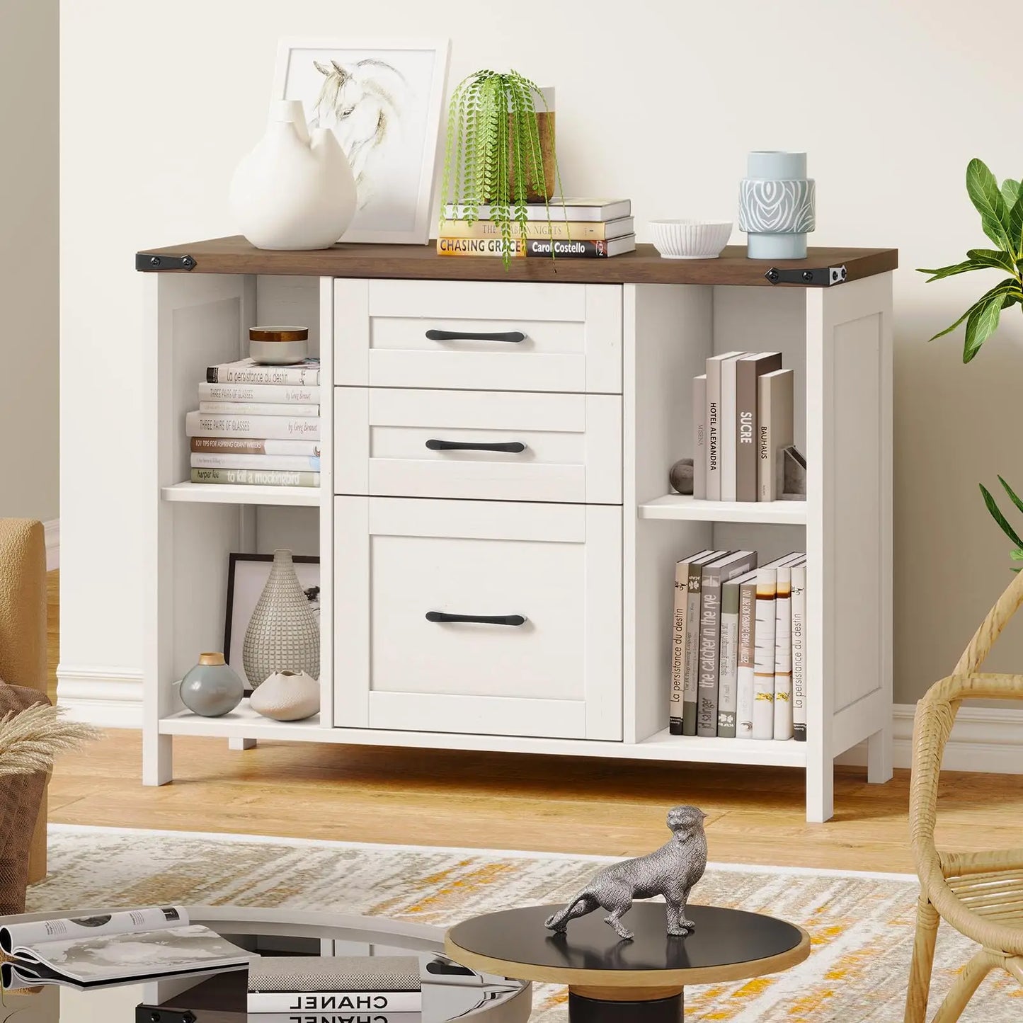 Lateral File Cabinet with 3 Drawers 4 Open Shelves – A4/Letter Size Storage
