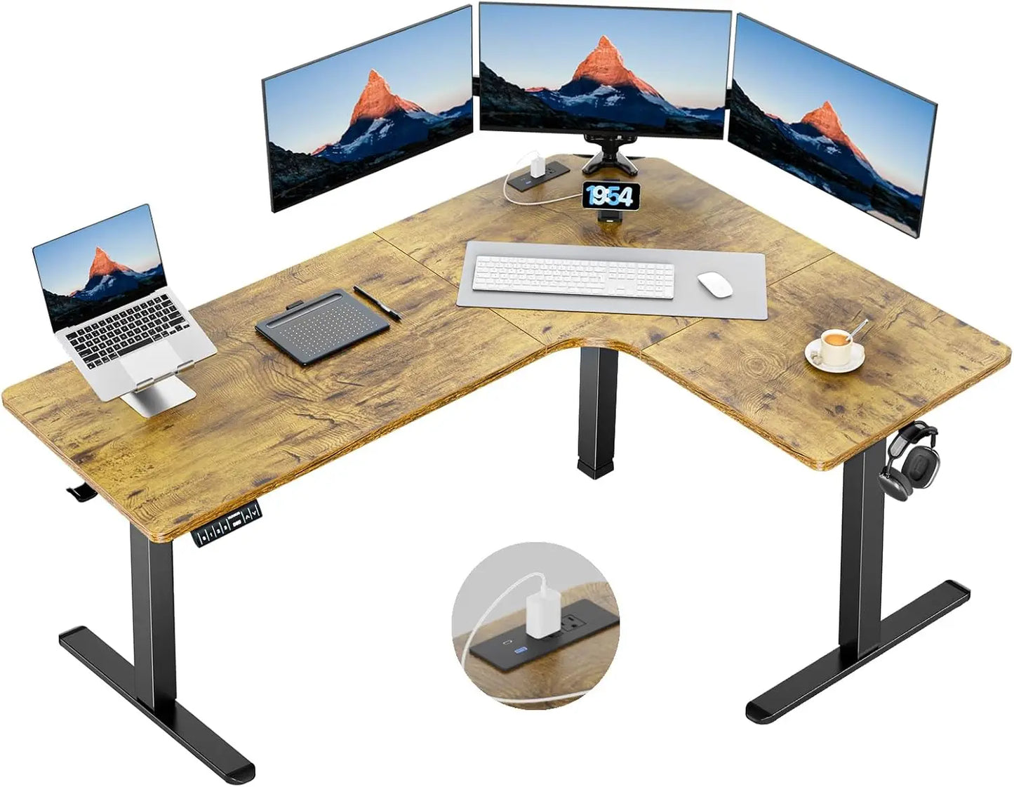 Wooden L-shaped standing adjustable desk, electric desk with multiple outlets, and walking pad treadmill
