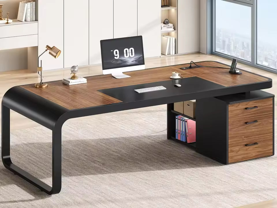 Modern Executive Office Desk – 70.9” Computer Desk with Storage Cabinet & Built-In Charging Station