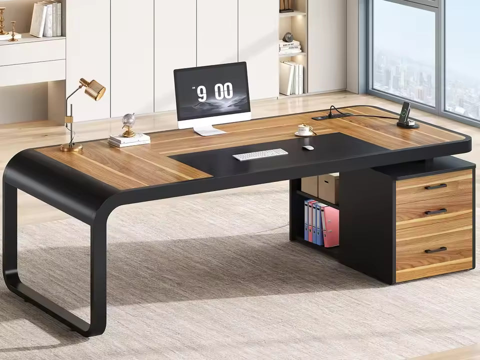 Modern Executive Office Desk – 70.9” Computer Desk with Storage Cabinet & Built-In Charging Station