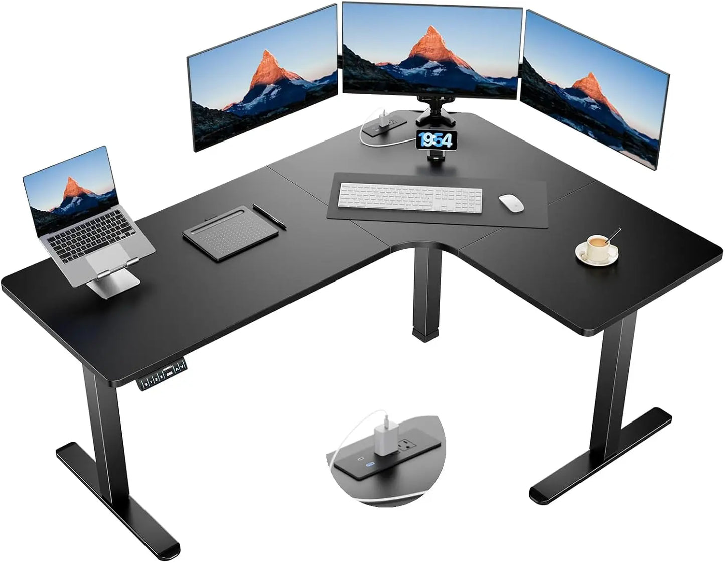 Black L-shaped standing adjustable desk, electric desk with multiple outlets, and walking pad treadmill