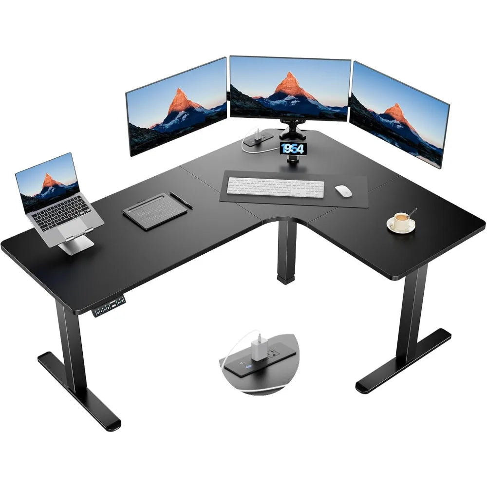 Black L-shaped standing adjustable desk, electric desk with outlets, and walking pad treadmill