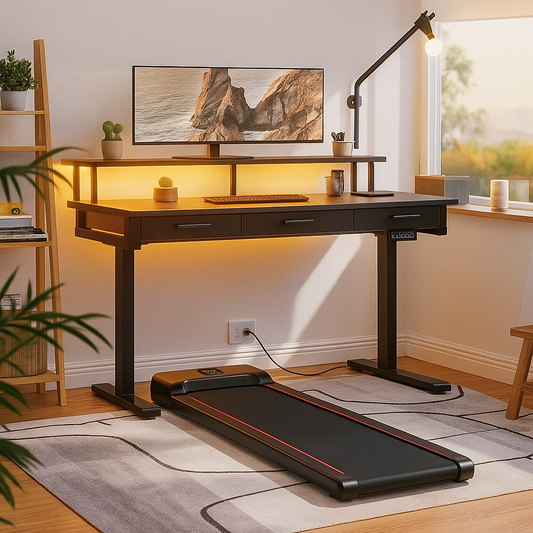 Wood Electric Standing Desk with Walking Pad Treadmill and Storage
