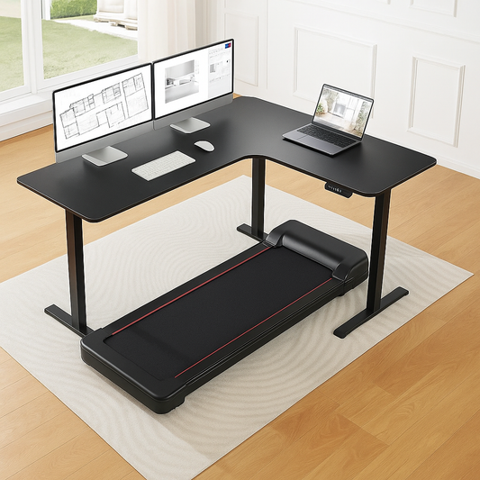 L-Shaped 63" Electric Standing Desk with Dual Motors & Walking Pad Treadmill Focus Combo