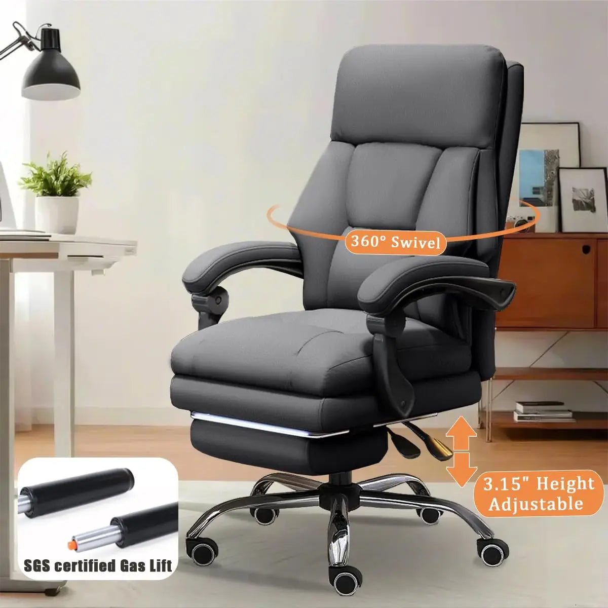 Ergonomic Executive Office Chair with Footrest & High Back – Grey Faux Leather