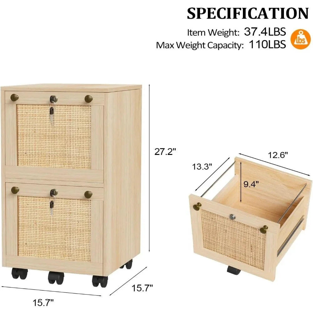Rustic Rattan Filing Cabinet – Compact 2-Tier Floor Storage