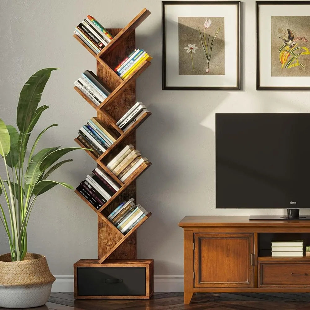 Rustic 9-Tier Tree Bookshelf Floor Cabinet with Drawer