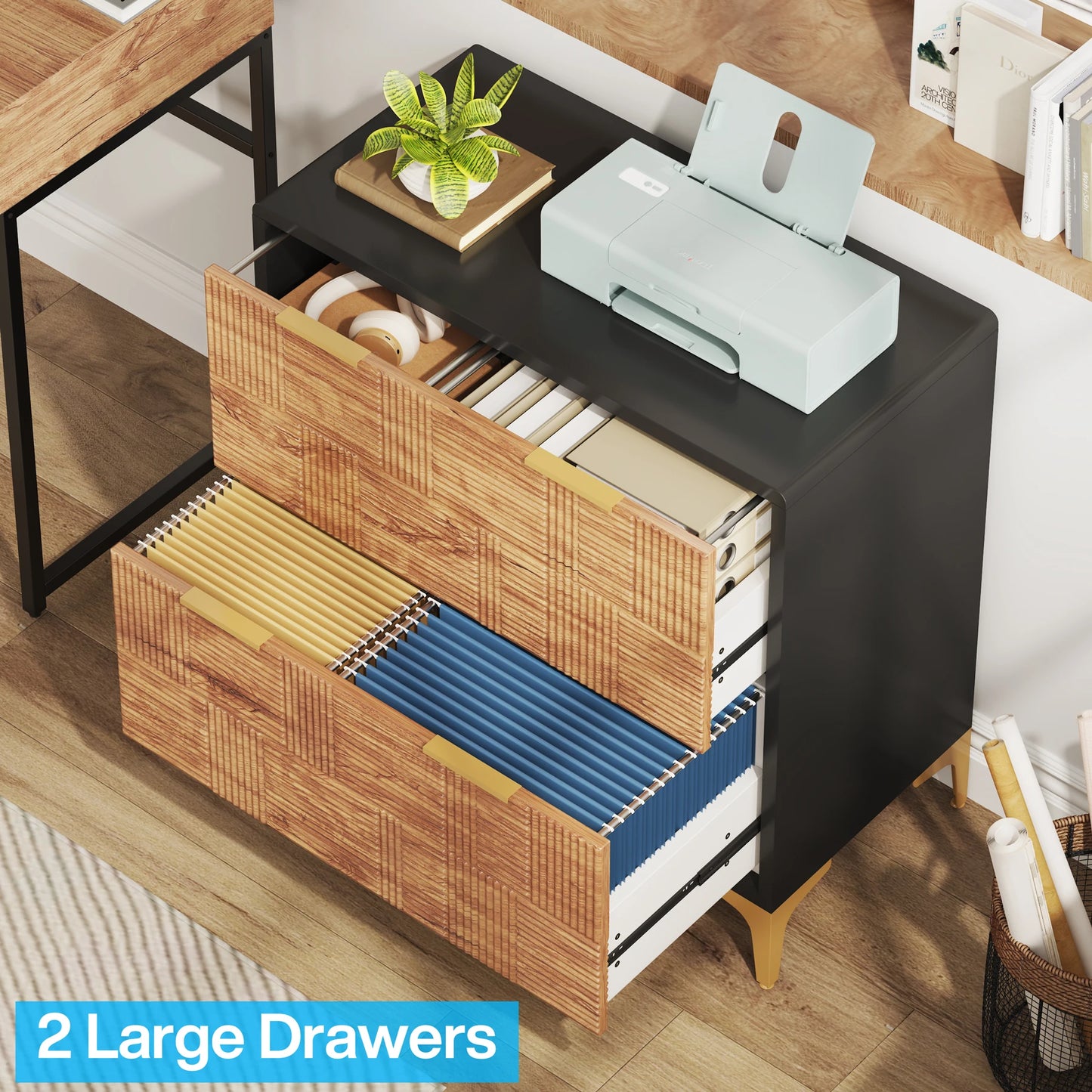 Modern 2-Drawer Lateral File Cabinet – Wood Grain Finish with Adjustable Storage
