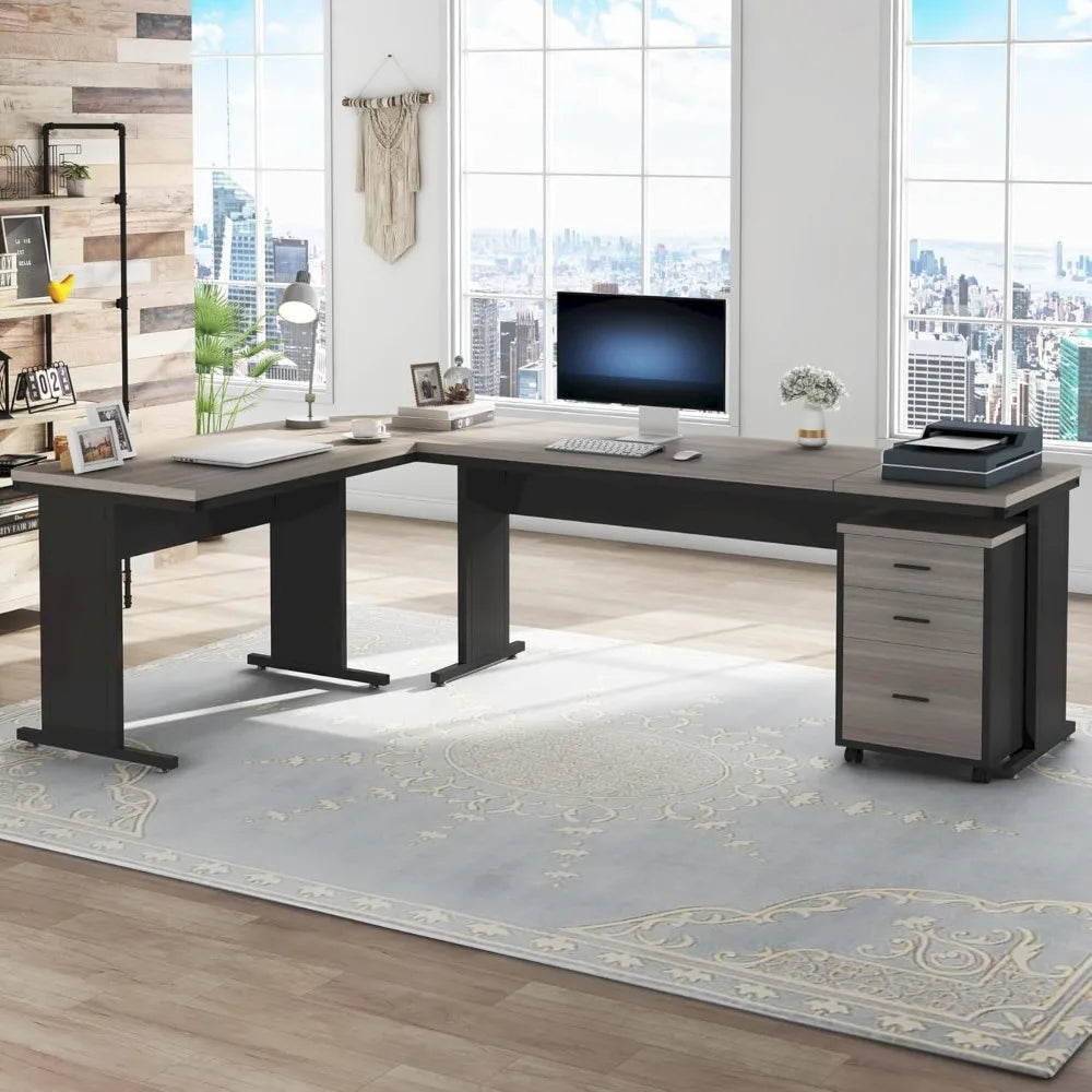 Grey Focus L-Shaped Executive Desk – 83" x 63" Spacious Workstation with Storage Drawers