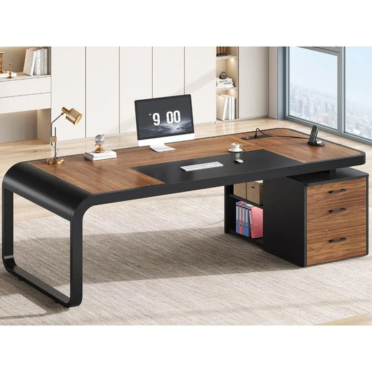 Modern Executive Office Desk – 70.9” Computer Desk with Storage Cabinet & Built-In Charging Station