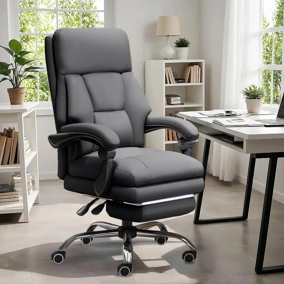 Ergonomic Executive Office Chair with Footrest & High Back – Grey Faux Leather