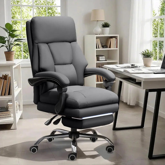 Ergonomic Executive Office Chair with Footrest & High Back – Grey Faux Leather