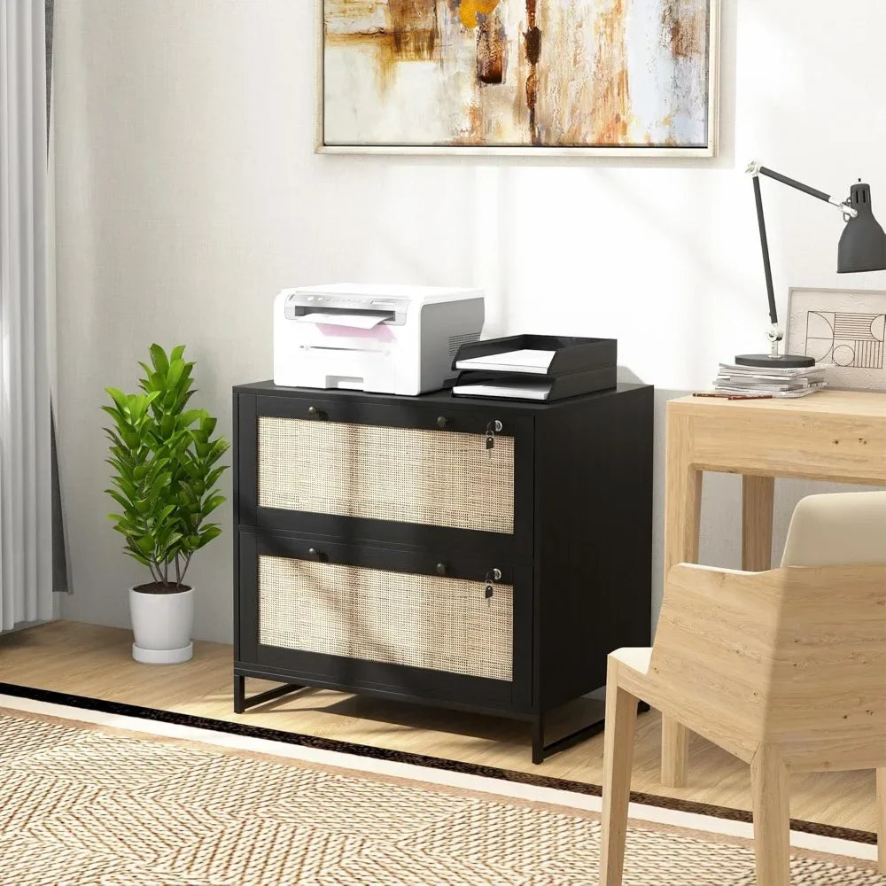 Boho Rattan Filing Cabinet – 2 Lockable Drawers with File Dividers