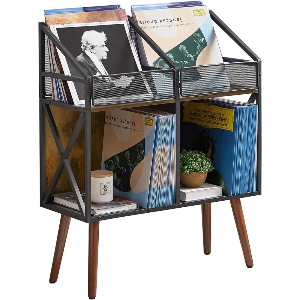 2-Tier Vinyl Record Storage Cabinet – Retro Black Metal Wood Stand