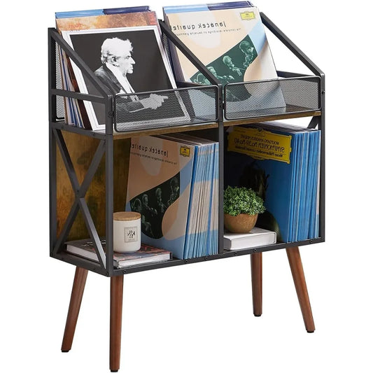 2-Tier Vinyl Record Storage Cabinet – Retro Black Metal Wood Stand