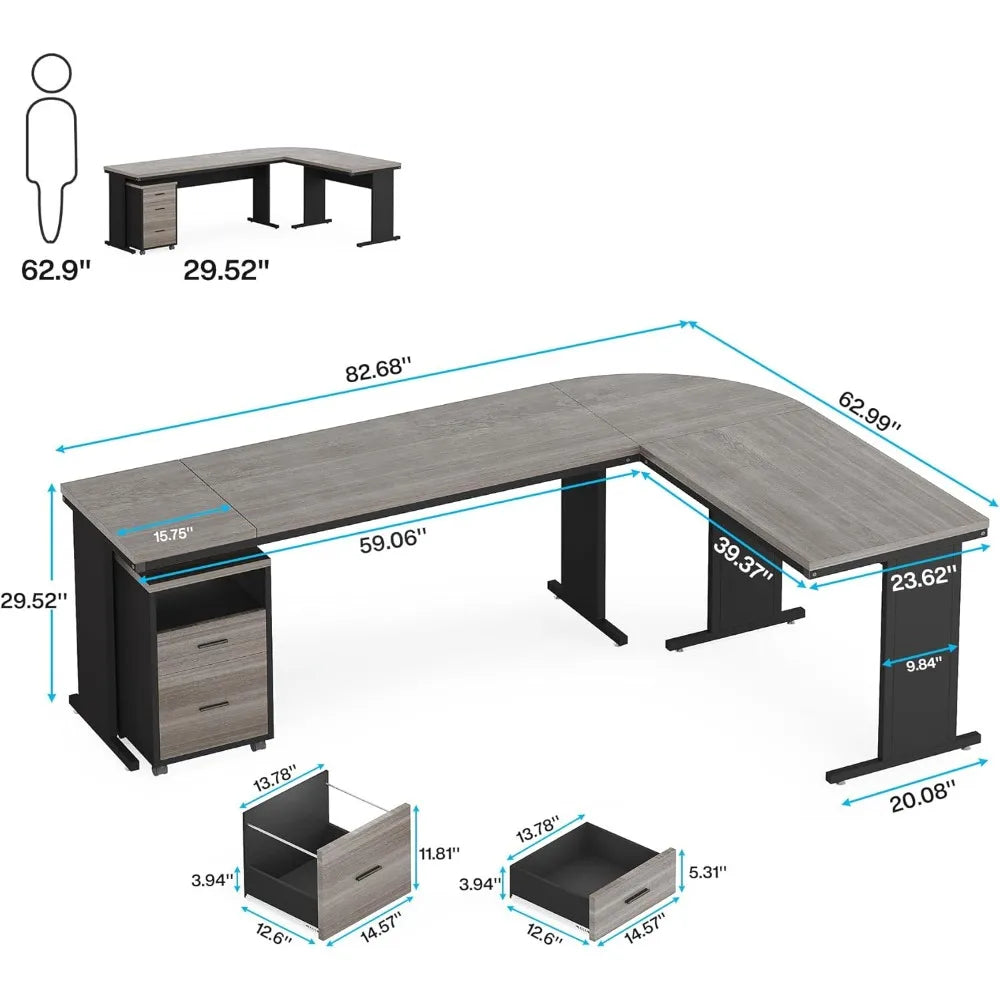 Grey Focus L-Shaped Executive Desk – 83" x 63" Spacious Workstation with Storage Drawers
