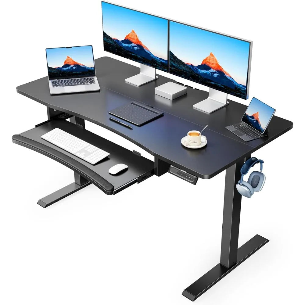 Black electric standing desk with keyboard and running pad