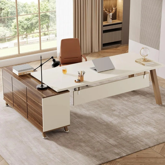 Modern L-Shaped Executive Desk 71" x 55" with File Cabinet and Open Shelving