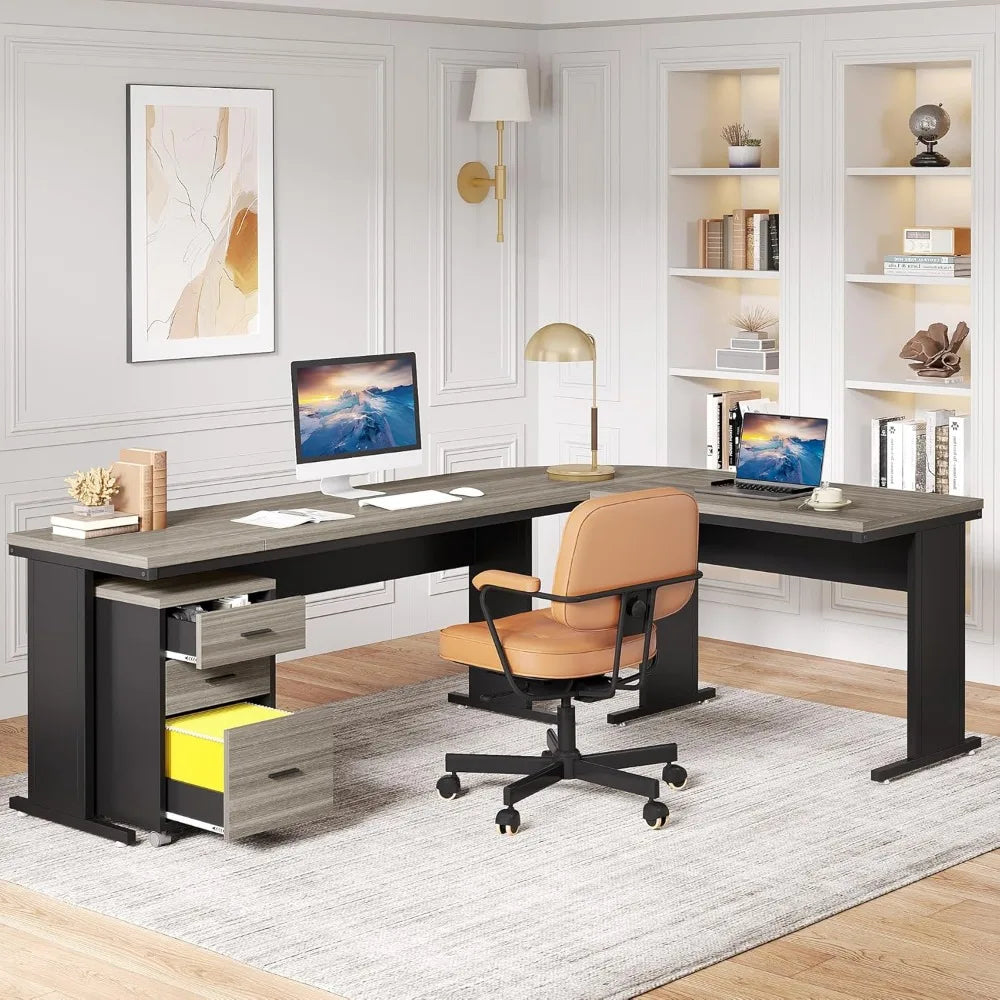 Grey Focus L-Shaped Executive Desk – 83" x 63" Spacious Workstation with Storage Drawers