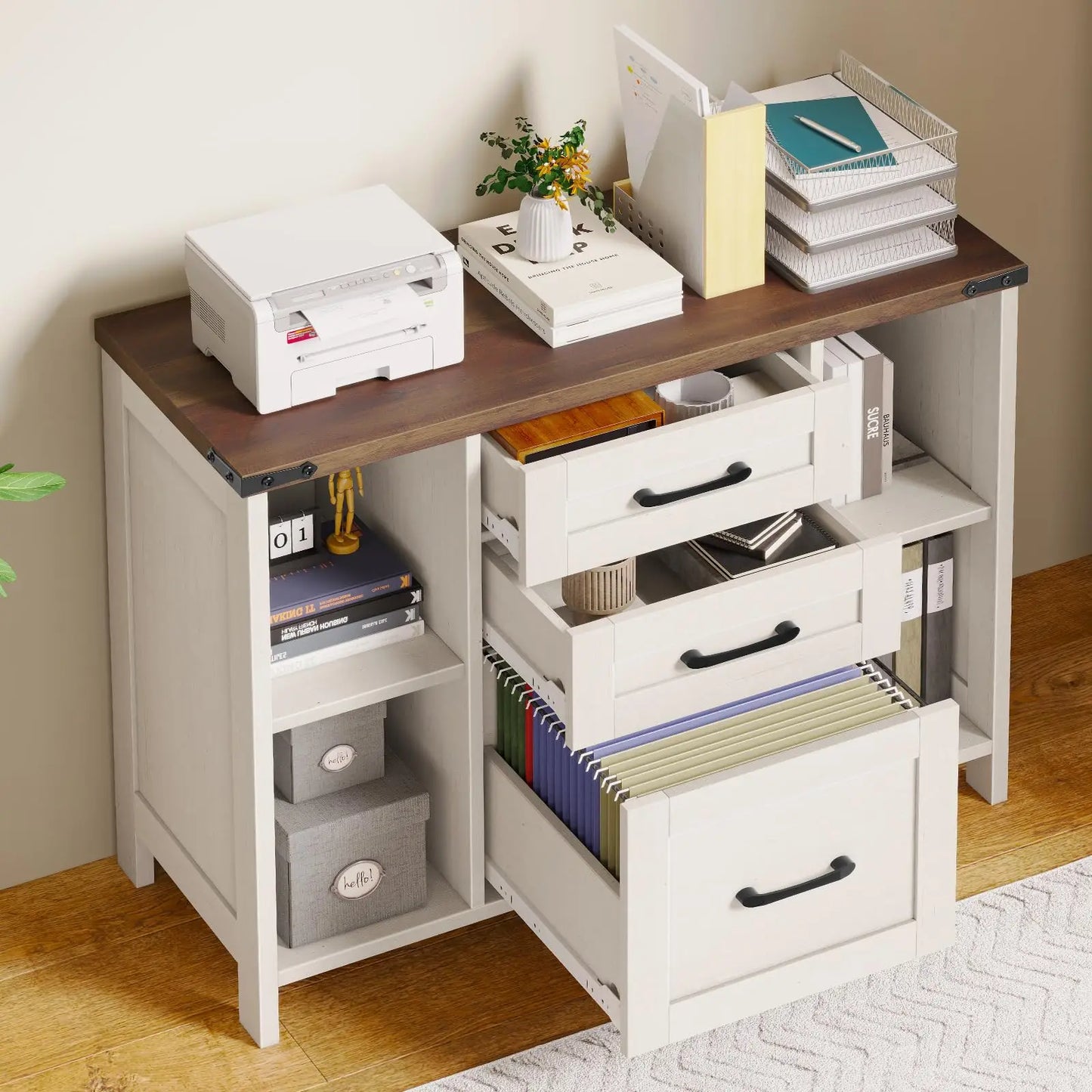 Lateral File Cabinet with 3 Drawers 4 Open Shelves – A4/Letter Size Storage