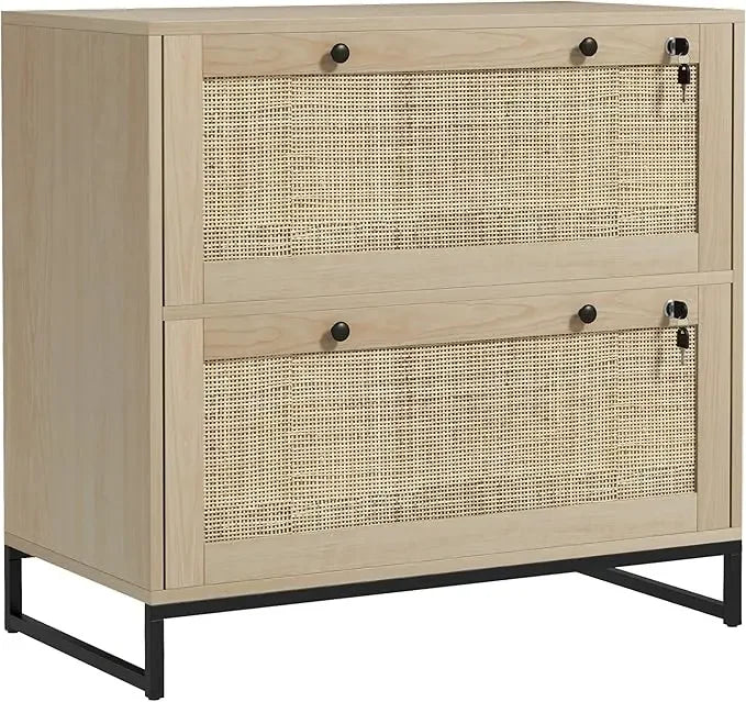 Boho Rattan Filing Cabinet – 2 Lockable Drawers with File Dividers