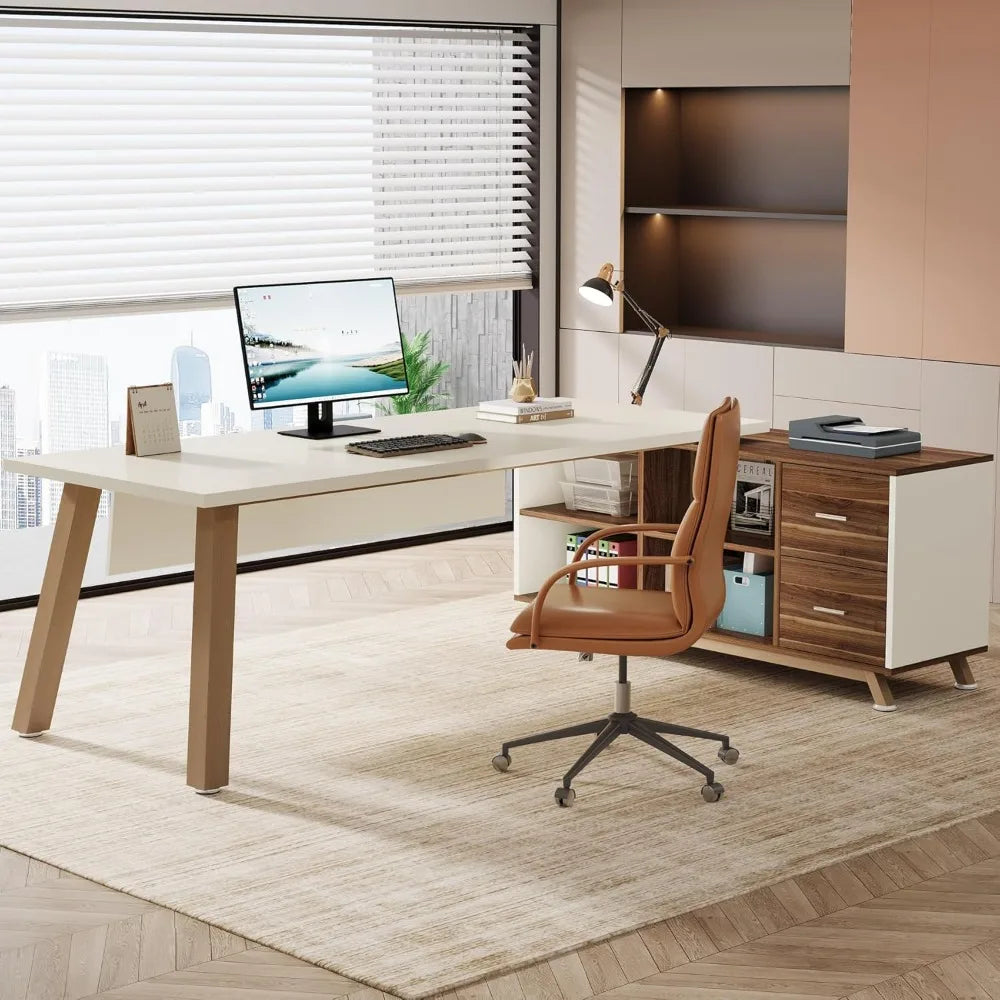 Modern L-Shaped Executive Desk 71" x 55" with File Cabinet and Open Shelving