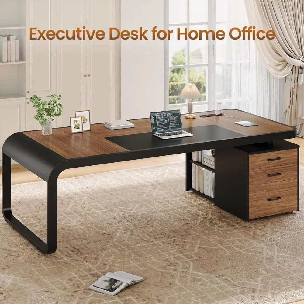 Modern Executive Office Desk – 70.9” Computer Desk with Storage Cabinet & Built-In Charging Station