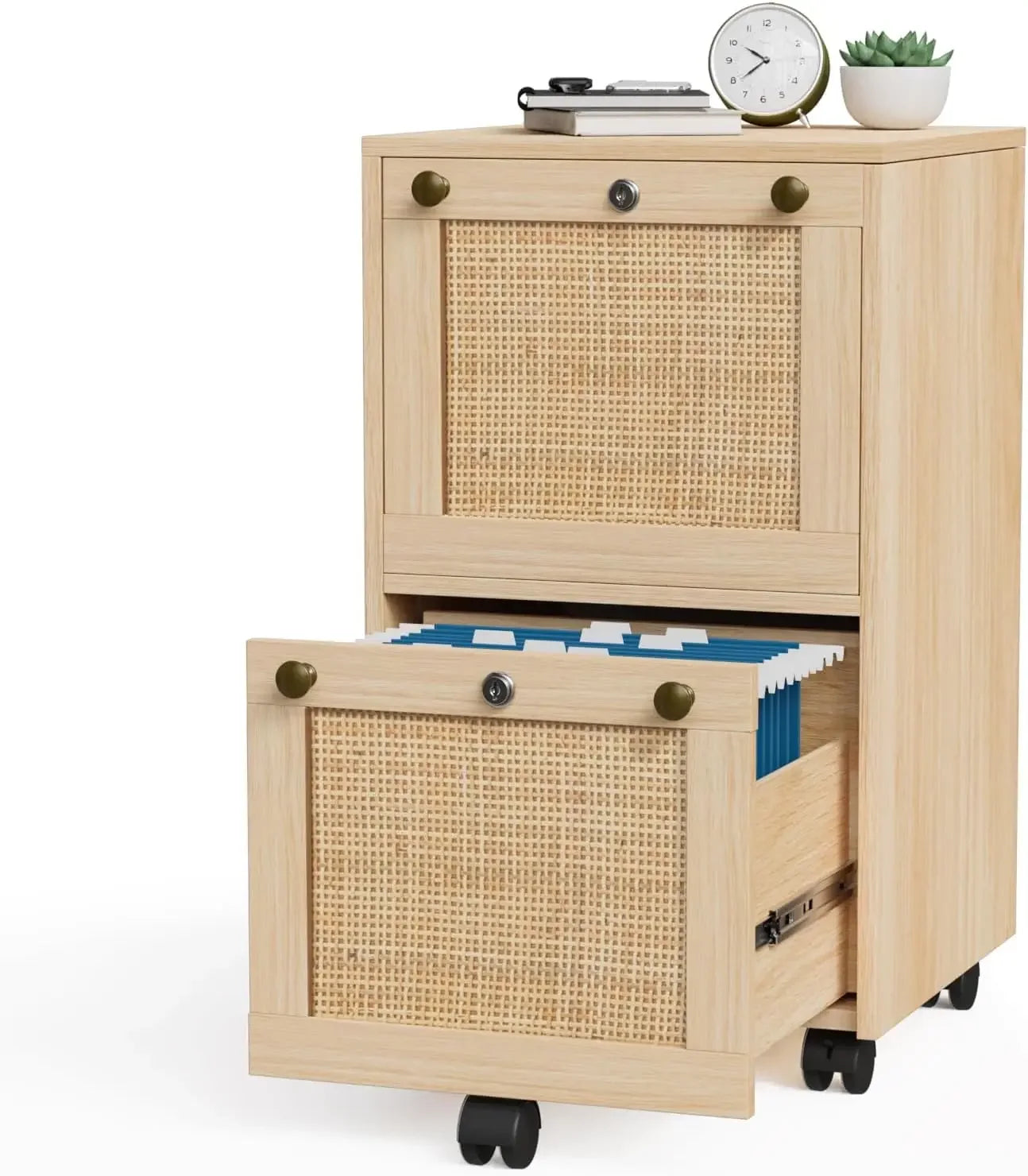 Rustic Rattan Filing Cabinet – Compact 2-Tier Floor Storage