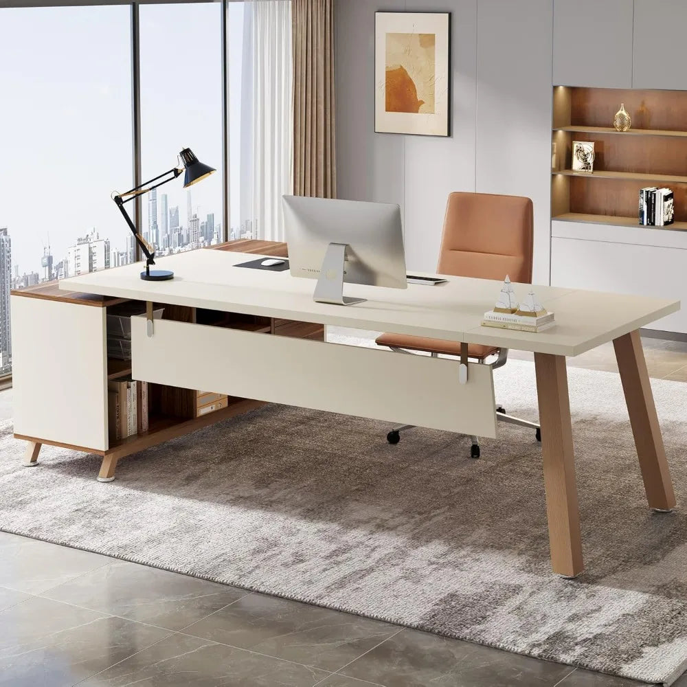 Modern L-Shaped Executive Desk 71" x 55" with File Cabinet and Open Shelving