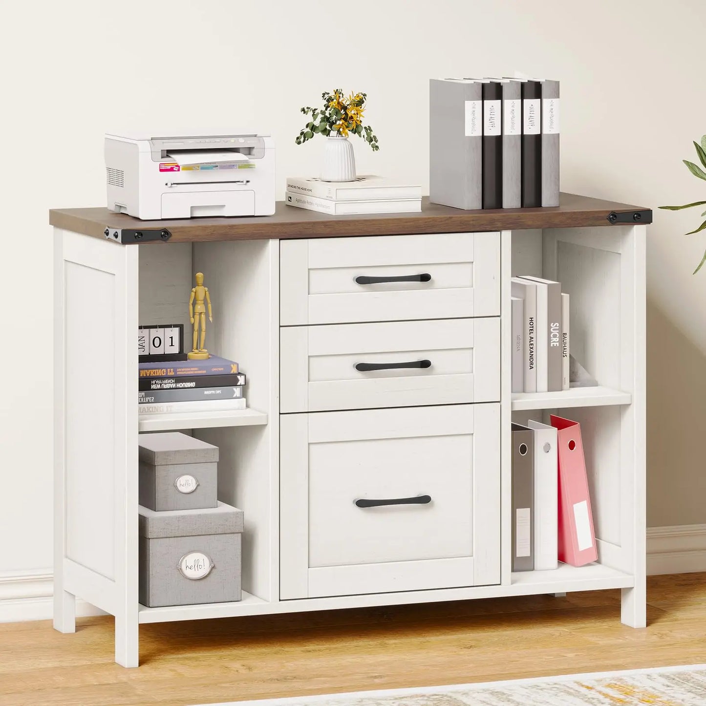 Lateral File Cabinet with 3 Drawers 4 Open Shelves – A4/Letter Size Storage