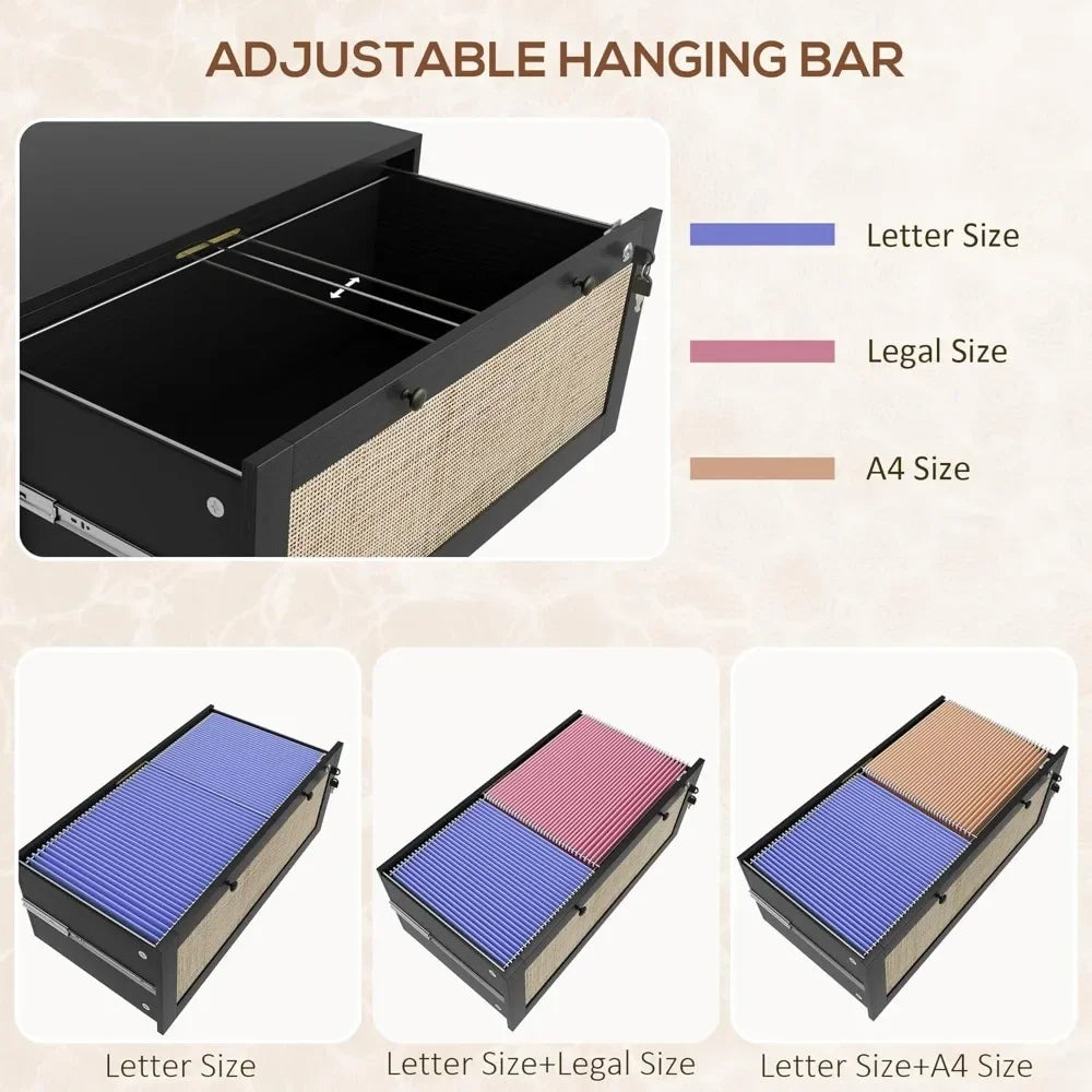 Boho Rattan Filing Cabinet – 2 Lockable Drawers with File Dividers