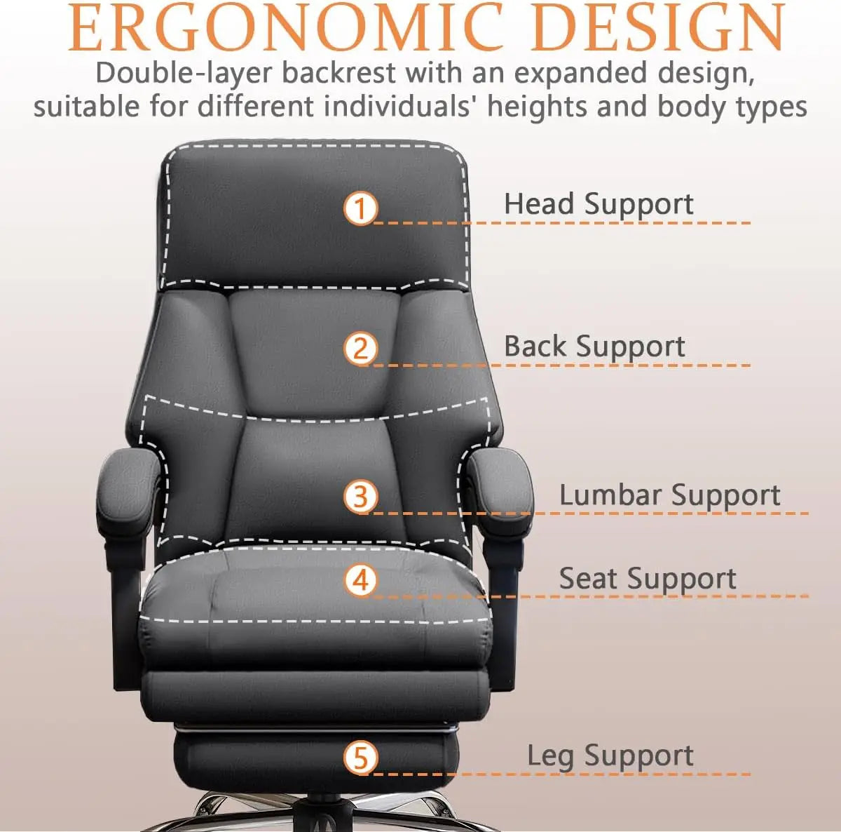 Ergonomic Executive Office Chair with Footrest & High Back – Grey Faux Leather