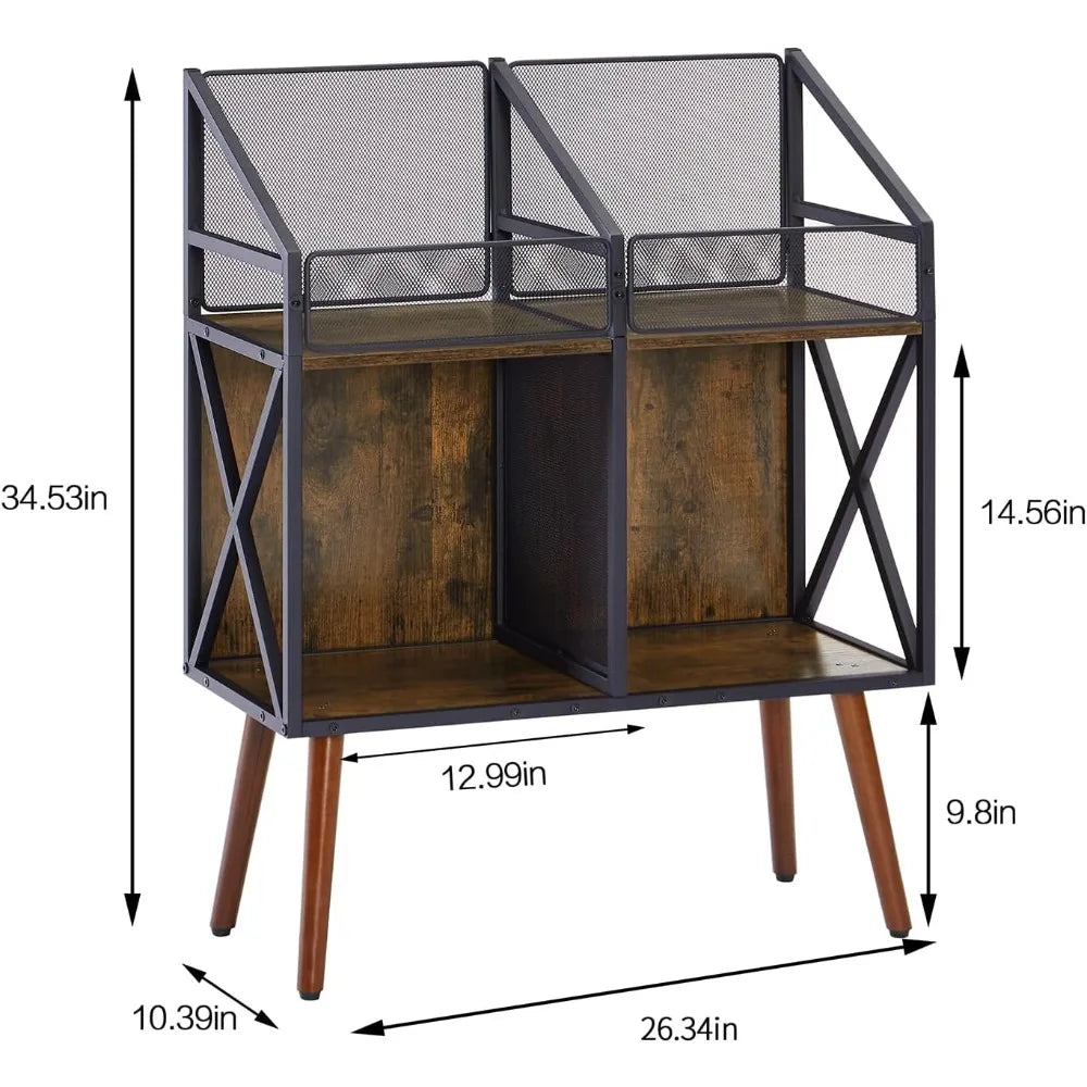 2-Tier Vinyl Record Storage Cabinet – Retro Black Metal Wood Stand