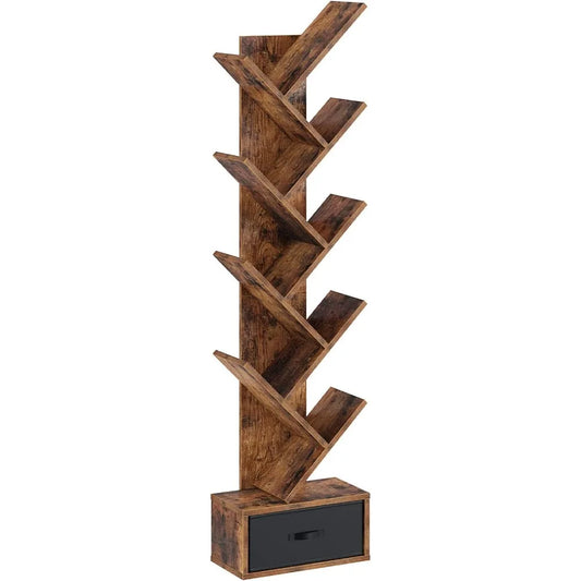 Rustic 9-Tier Tree Bookshelf Floor Cabinet with Drawer